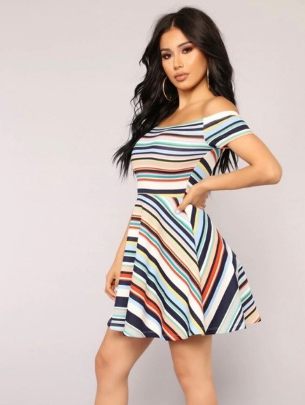 Fashion Nova Off-Shoulder Multicolor Stripe Skater Dress